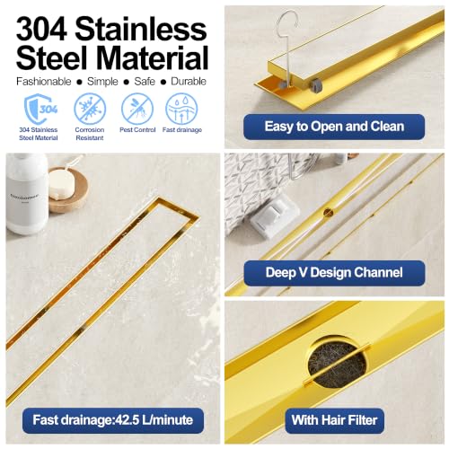 Neodrain 48-Inch Linear Shower Drain-Gold,with Tile Insert Grate | 304 Stainless Steel, Fast Drainage, Rectangle Shower Floor Drain with Leveling Feet & Hair Strainer, Fits Bathroom, Balcony - color: Gold, size: 48 IN