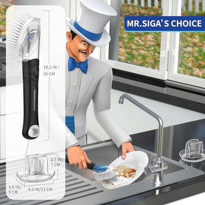 MR.SIGA Soap Dispensing Dish Brush Storage Set, Kitchen Brush with Holder | Dish scrubber with soap dispenser, dish soap brush with scraper