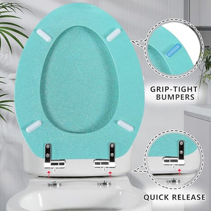 Angol Shiold Glitter Toilet Seat Molded Wood Elongated Toilet Seat with Quietly Close and Quick Release Hinges, Easy to Clean also Easy to Install (Elongated 18.5'', Green) - color: Green, size: Elongated 18.5‘’