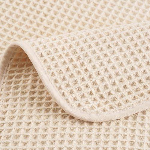 POLYTE 430 GSM Poly Blend Microfiber Quick Dry Waffle Hand Towel, 16x30 in | 4 Pack, Oversize, Lint Free, Quick Dry, Hanging Loop - color: Light Beige