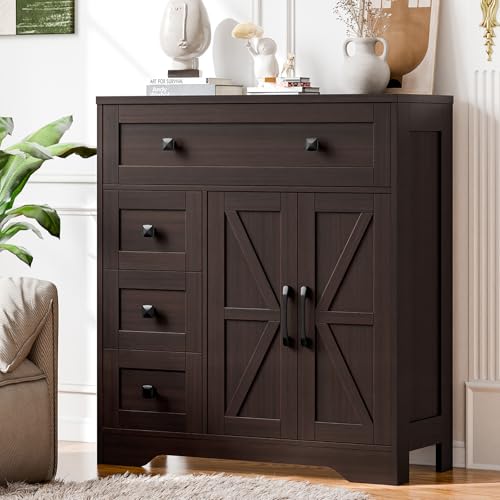 Vabches Farmhouse Storage Cabinet with 2 Doors and 4 Drawers, Espresso | Freestanding Bathroom Storage Cabinet Kitchen Pantry, Floor Hutch Cupboard for Living Room/Bathroom/Kitchen - color: Espresso, style: 4 Drawers