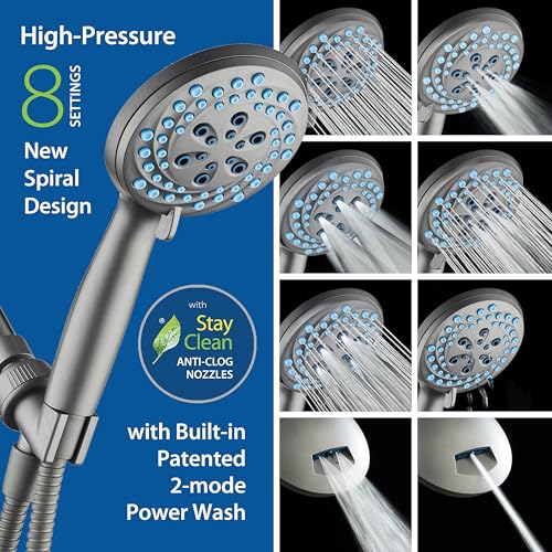 AquaCare New 8-mode High Pressure Handheld Shower Head w/ 2-way Power Wash | Stay Clean Nozzles, Dual Power Wash for Tub, Tile & Pets, Long 6 ft. Stainless Steel Hose, Wall & Overhead Brackets / Modern - color: Modern