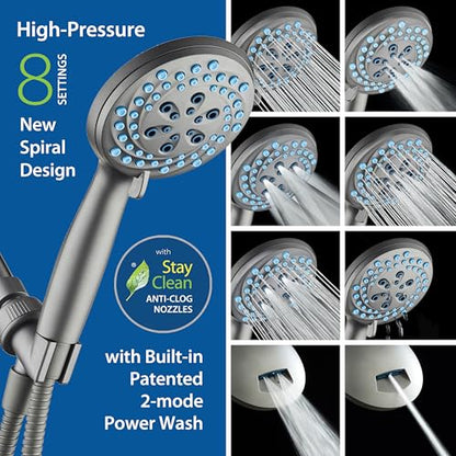 AquaCare New 8-mode High Pressure Handheld Shower Head w/ 2-way Power Wash | Stay Clean Nozzles, Dual Power Wash for Tub, Tile & Pets, Long 6 ft. Stainless Steel Hose, Wall & Overhead Brackets / Modern - color: Modern