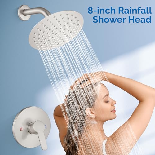 Airuida Shower Faucet Set,8 Inch Brushed Nickel Shower Trim Kit | Round Rainfall Shower Head,Single Handle,Male Threads Rough-in Valve,Wall Mount Bathroom System - color: Nickel, size: 8 Inch