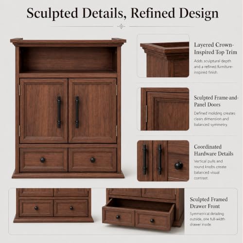 24" Wall Mounted Bathroom Storage Cabinet with Adjustable Shelf, Open Shelf, Double Doors and Full-Width Drawer, Farmhouse Floating Cabinet for Over Toilet,Walnut