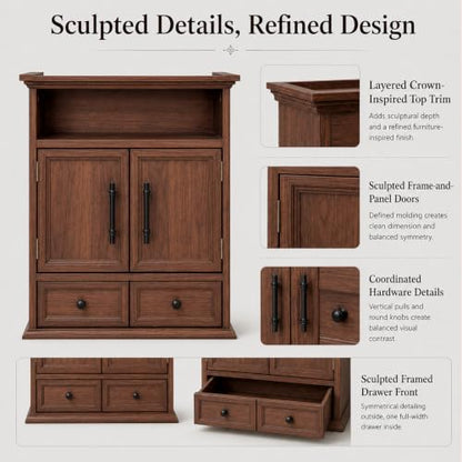 24" Wall Mounted Bathroom Storage Cabinet with Adjustable Shelf, Open Shelf, Double Doors and Full-Width Drawer, Farmhouse Floating Cabinet for Over Toilet,Walnut