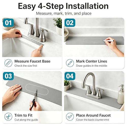 29"L x 5.5"W Customizable Grey Faucet Mat: Quick Dry Extra Absorbent Sink Mat & Bathroom Counter Protector - Freely Custom Cuttable with 2 or 3 Hole Faucet Design - Extra Long Splash Guard Pad