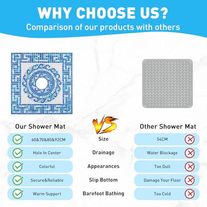 Square Shower Mat Non Slip: 24 x 24 Inch Soft Loofah Shower Stall Mat with Center Drain Hole - Secure Stand Up Shower Grip Pad for Inside Shower - color: Blue Mosaic, size: 24" x 24" (Square)
