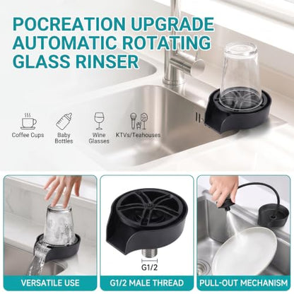 POCREATION Automatic Glass Washer Cup Rinser, 360 Degree Rotating Spout Sink Accessory Stainless Steel Bottle Washer for Bottles, Cups, Utensils Black ABS Basin (US 9/16 Hose)