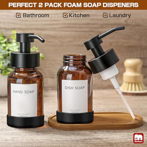 GMISUN Amber Foam Soap Dispenser, 8.5 Fl oz Amber Glass Foaming Hand Soap Dispenser for Bathroom & Kitchen, 2 Pcs Modern Refillable Foaming Soap Dispensers, Foam Pump Bottle with Label & Silicone Boot - color: Amber Bottle, size: 8.5 Fl oz with Silicone B