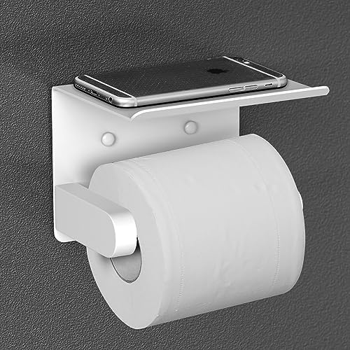 VAEHOLD Self Adhesive Toilet Paper Holder with Phone Shelf Stainless Steel Wall Mounted Toilet Paper Roll Holder - Bathroom Washroom Tissue Roll Holder with Storage Shelf - White - color: White