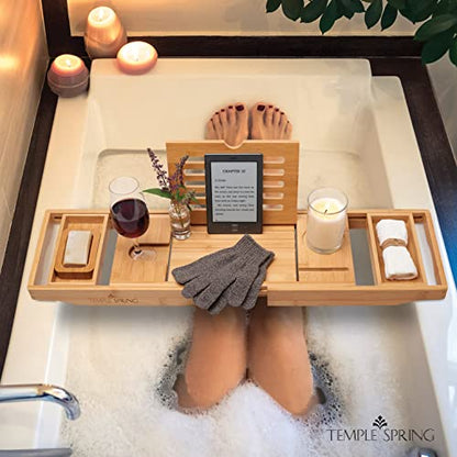 Bamboo Bathtub Tray Caddy for Tub — Expandable Wood Bath Tray with Solid Book Stand Wine Holder and Non-Slip Pads — Includes Bamboo Soap Dish and Spa Accessories — Luxury Bath Gift Set - color: Natural
