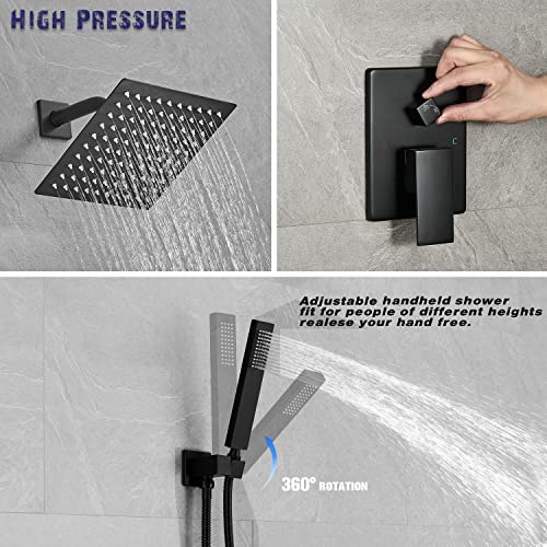 Shower Faucet Set Rain Shower System Matte Black with High Pressure 8-Inch Shower Head Handheld Square Shower Head Bathroom Luxury Rain Shower Faucet Shower Complete Combo Kit Wall Mounted - color: Matte Black, style: 8"- 2 Function