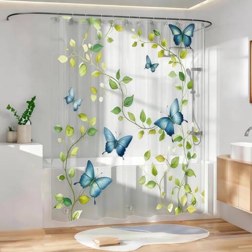 Clear Green Vine Blue Butterfly Shower Curtain Liner, Plastic Transparent Green Plant Shower Curtains for Bathroom, 72x72 Weighted Magnetic Shower Curtain Set with 12 Hooks - color: Clear Leaves Blue Butterfly, size: 72"W x 72"L (Pack of 1)
