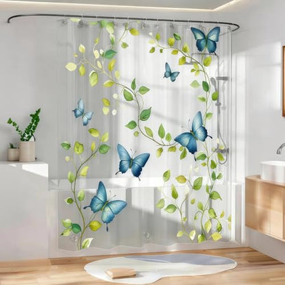 Clear Green Vine Blue Butterfly Shower Curtain Liner, Plastic Transparent Green Plant Shower Curtains for Bathroom, 72x72 Weighted Magnetic Shower Curtain Set with 12 Hooks - color: Clear Leaves Blue Butterfly, size: 72"W x 72"L (Pack of 1)