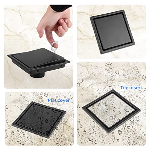 EXF Square Shower Drain 6 Inch Matte Black with Tile Insert Grate | 304 Stainless Steel, ABS Flange, Debris Strainer, Adjustable Height - color: Matte Black, size: 6 IN
