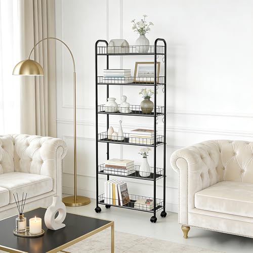 Slim Storage Cart with Wheels, Metal 6-Tier 6in Black Narrow Rolling Shelf, Sturdy Slim Storage with Hooks Ideal for Kitchen, Bathroom, and Laundry Room - size: 6in 6-Tier Cart