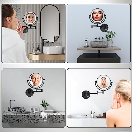 Wall Mounted Magnifying Makeup Mirror, 5X, Light, Matt Black, Rechargeable | Brass Extended Arm, 360 Rotation 8" Shaving Vanity for Bathroom, No Pre-Installed Wire, SEALANT FIX