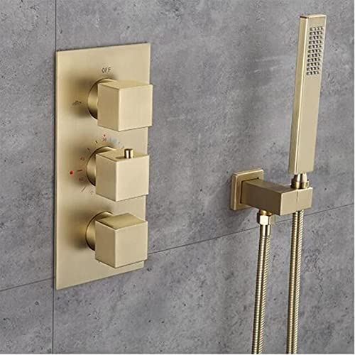 Thermostatic Shower Faucet Set, Stainless Steel Waterfall Rainfall Shower Head with Brass Hand Shower Set, Brushed Gold Shower System Wall Mounted