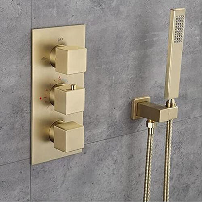 Thermostatic Shower Faucet Set, Stainless Steel Waterfall Rainfall Shower Head with Brass Hand Shower Set, Brushed Gold Shower System Wall Mounted