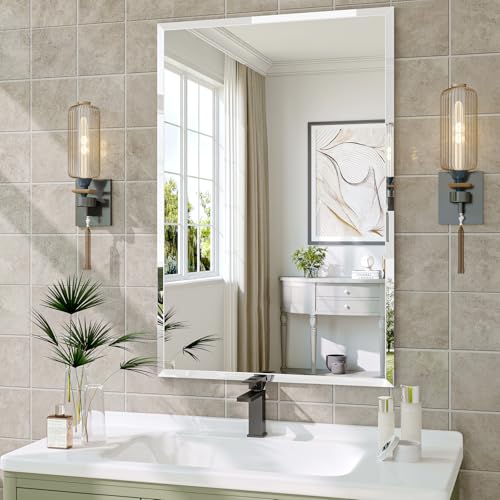 Frameless Bathroom Mirror, 24" x 36" Beveled Wall Mirror | 5mm HD glass, 20mm beveled edge, frameless, anti-rust, shatterproof, french cleat, horizontally or vertically - size: 24"L x 36"W
