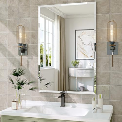 Frameless Bathroom Mirror, 24" x 36" Beveled Wall Mirror | 5mm HD glass, 20mm beveled edge, frameless, anti-rust, shatterproof, french cleat, horizontally or vertically - size: 24"L x 36"W