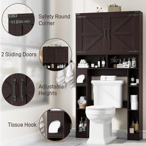 Vabches Home Space-Saving Toilet Rack with 2 Barn Doors (Walnut) | Farmhouse Over The Toilet Storage Cabinet, with Toilet Paper Holder Stand, for Laundry, Bathroom, Restroom - color: Walnut