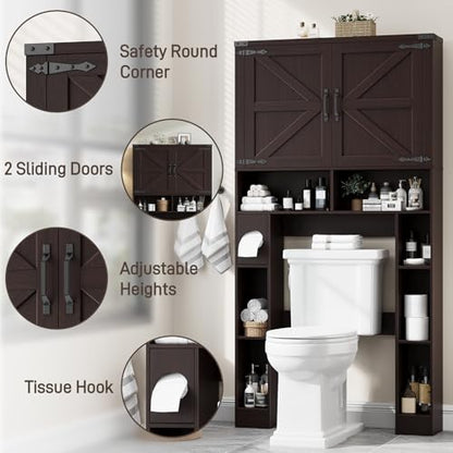 Vabches Home Space-Saving Toilet Rack with 2 Barn Doors (Walnut) | Farmhouse Over The Toilet Storage Cabinet, with Toilet Paper Holder Stand, for Laundry, Bathroom, Restroom - color: Walnut