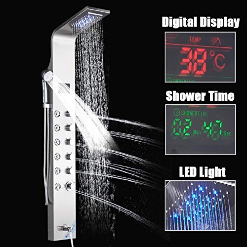 LCD Temperature Display Shower Panel Bathroom Tower Shower Column with Body Massage Jets LED Shower Head-Black (Color : Stainless Steel) - color: Stainless Steel