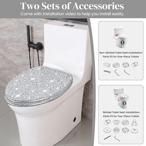 Bathroom Elongated Resin Toilet Seat, Silver Glitter Seamless Texture, Quiet Close, Quick Release Hinges, Decorative, Easy to Install & Clean, with Cover Bumpers (Oblong)