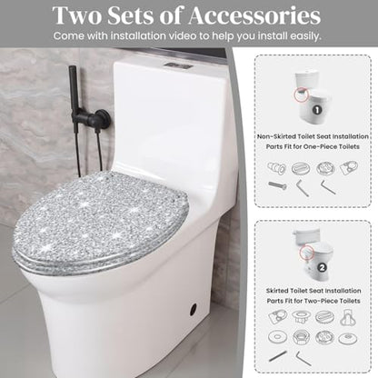 Bathroom Elongated Resin Toilet Seat, Silver Glitter Seamless Texture, Quiet Close, Quick Release Hinges, Decorative, Easy to Install & Clean, with Cover Bumpers (Oblong)
