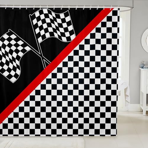 Racing Car Shower Curtain,Race Car Flag Extreme Sports Bath Curtain with Hooks,Geometric Grid Black White Check Waterproof Bathroom Accessories for Bathtublet, 72Wx84L inch - color: Multi 09, size: 72"Wx84" L