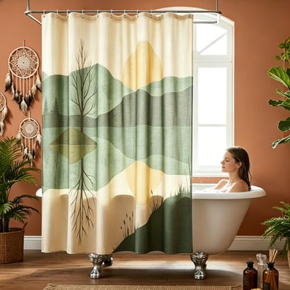 Lake Scenery Linen Boho Shower Curtain Set with Liner,72" Wx72 L | Double Layer Shower Curtain Waterproof Fabric with Zippered Removable PEVA Liner,Boho Shower Curtain for Bathroom,Free Hooks - color: Sunset Landscape