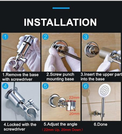 All Metal 180 Adjustable Shower Wand Holder with Handle, Wall Mount, Handheld Shower Head Bracket