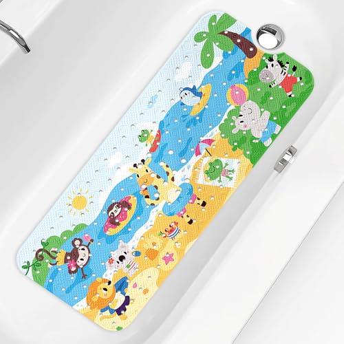 PRATIQUE Kids Bath Mat for Tub Non Slip，40 X 16 Inch Extra Long Kids Bathtub Mat Seaside Zoo Bathtub Shower Mat Safety Anti Slip with Suction Cups and Drain Holes, Machine Washable - color: Zoo