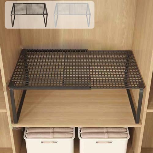 Expandable Stackable Cabinet Organizer - Adjustable Storage Shelf Rack for Kitchen, Bathroom, Pantry, and Office Space Saving - color: Black