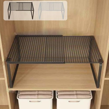 Expandable Stackable Cabinet Organizer - Adjustable Storage Shelf Rack for Kitchen, Bathroom, Pantry, and Office Space Saving - color: Black