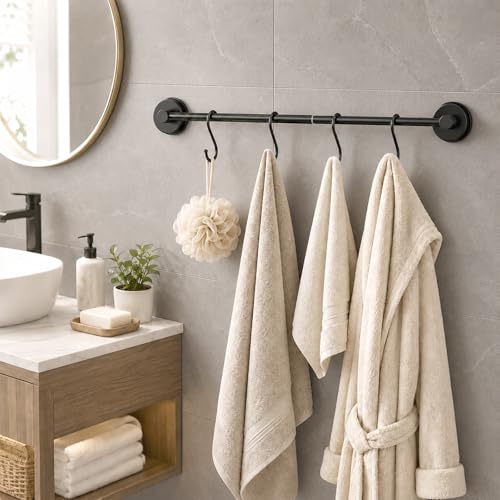 Adjustable Suction Cup Towel Bar – Towel Racks for Bathroom, 13.6-25 Inch, Stainless Steel Bathroom Towel Holder with 4 S Hooks, No Drill for Kitchen, Shower & Smooth Surfaces – Black - color: Black