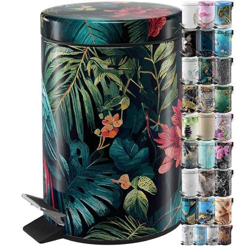 Sanilo Small Bathroom Trash Can with Lid [1.3 Gallon] - Lidded Tiny Trashcan for Garbage - Mini Metal Bin with Soft Closing Mechanism - Bath Room Accessoire Wastebin with Inner Bucket (Exotic) - color: Exotic