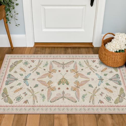 Hazo Haus Light Pink Washable Bathroom Rug - 2x4 Small Kitchen Rugs for Powder Room, Front Door Indoor Entrance, Low Pile Stain Resistant, Colorful Pastel Aethestic - color: Beige Pink, size: 2' x 4' (Rectangular)
