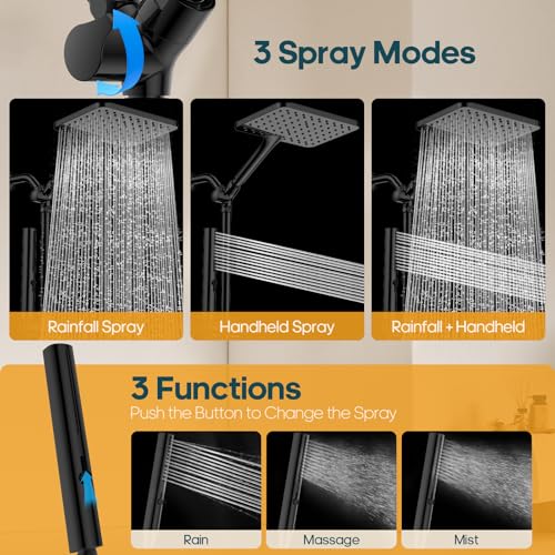 High Pressure Rain Shower Head with Handheld Combo, 10 Inch Square Rainfall Showerhead, Adjustable Slide Bar Dual Shower System, 3 Spray Modes, 59" Stainless Steel Hose, Matte Black - color: Matte Black, style: Basic