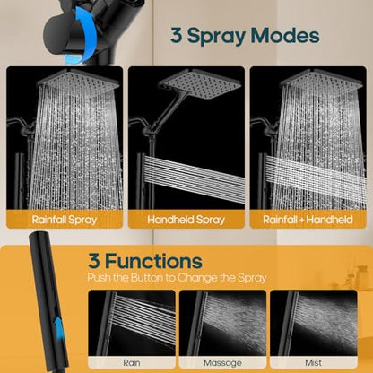 High Pressure Rain Shower Head with Handheld Combo, 10 Inch Square Rainfall Showerhead, Adjustable Slide Bar Dual Shower System, 3 Spray Modes, 59" Stainless Steel Hose, Matte Black - color: Matte Black, style: Basic