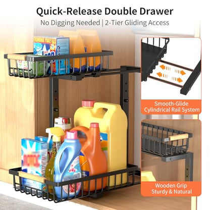 Under Sink Organizer, Under Sink Organizers and Storage, 2-Tier Pull Out Under Cabinet Organizer Storage Shelf, Metal Frame, Height Adjustable Rack for Bathroom Kitchen Pantry - style: Black, 1-Pack