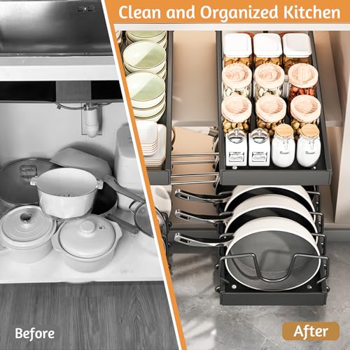 Pull Out Pots and Pans Organizer Under Kitchen Cabinet, Pot Lid Organizers, Slide Out Cookware Storage Rack with 8 Adjustable Dividers, Pull Out Shelves for Dishware Seasoning, (Black, 1 Pack) - size: 1 Pack