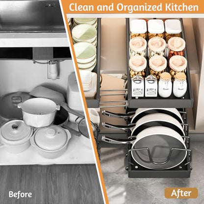 Pull Out Pots and Pans Organizer Under Kitchen Cabinet, Pot Lid Organizers, Slide Out Cookware Storage Rack with 8 Adjustable Dividers, Pull Out Shelves for Dishware Seasoning, (Black, 1 Pack) - size: 1 Pack