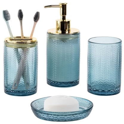 MyGift 4 Pcs Glass Bathroom Accessories Set with Toothbrush Holder, Soap Dish, Pump Dispenser, Tumbler Cup, Blue Bathroom Decor, Modern Embossed Chevron Design