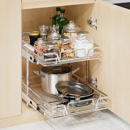 2-Tier Kitchen Cabinet Pull Out Shelf and Drawer Organizer Slide Out Pantry Storaqe Basket in Multiple Sizes (15" W x18 D) - size: 15" W x18" D
