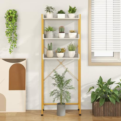Giantex Over The Toilet Storage Shelf, 3-Tier Freestanding Space Saver Above Toilet with 4 Hooks, Adjustable Bottom Bar, Over Toilet Bathroom Organizer for Restroom, Laundry, Easy Assembly - color: White + Gold