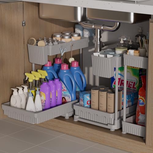 3-Pack 2-Tier L-Shaped Under Sink Organizers with Sliding Drawers | Multi-use kitchen & bathroom storage, 12.85 inch grey cabinet organizer, space-saving sliding drawer design. - color: Grey, size: 12.85 Inch