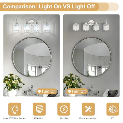 Brushed Nickel Bathroom Light Fixtures, Round, 4-Light | Vanity Lights with Crystal Shades, Modern Bathroom Lighting Fixtures over Mirror (Bulbs Not Included, E26) - color: Brushed Nickel (Round), size: 4-Light